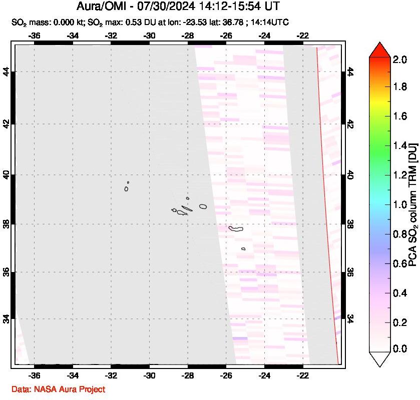 A sulfur dioxide image over Azore Islands, Portugal on Jul 30, 2024.