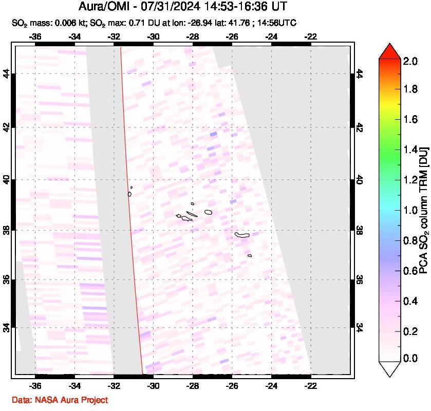 A sulfur dioxide image over Azore Islands, Portugal on Jul 31, 2024.