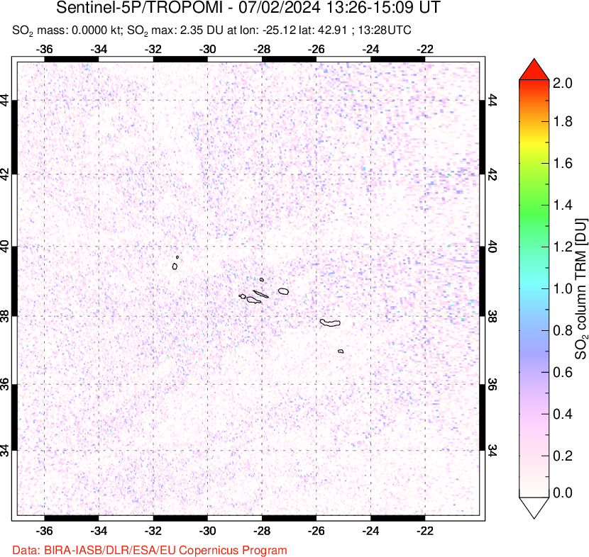 A sulfur dioxide image over Azore Islands, Portugal on Jul 02, 2024.