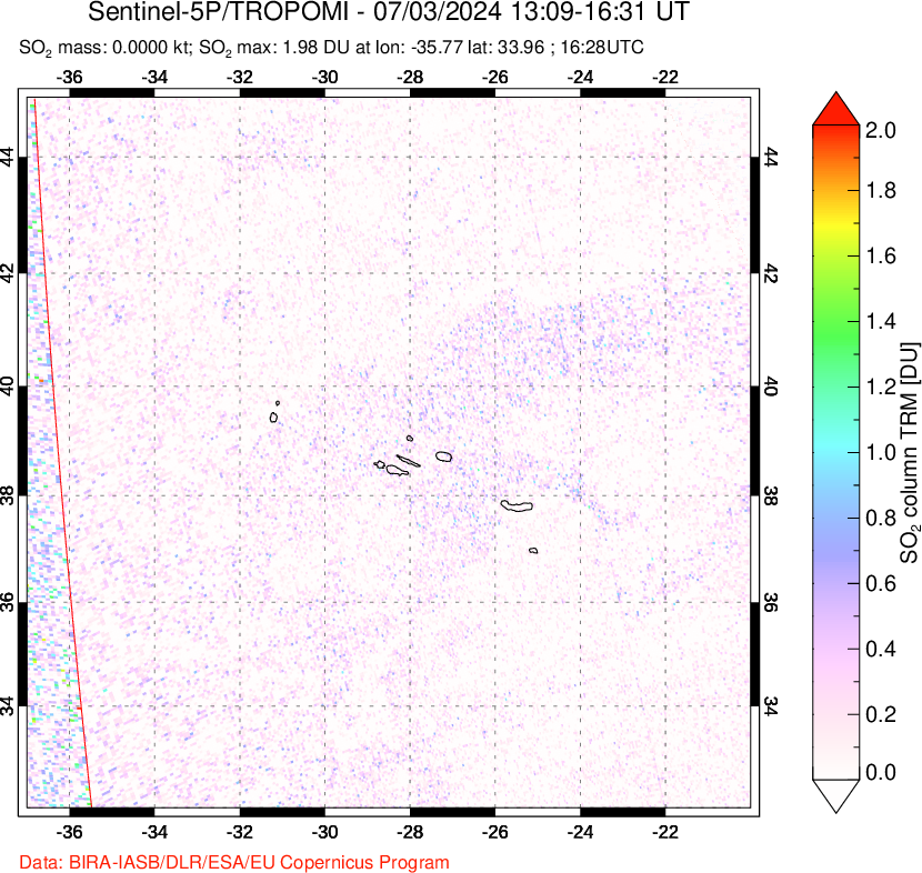 A sulfur dioxide image over Azore Islands, Portugal on Jul 03, 2024.