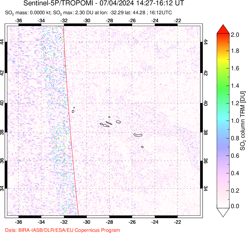 A sulfur dioxide image over Azore Islands, Portugal on Jul 04, 2024.