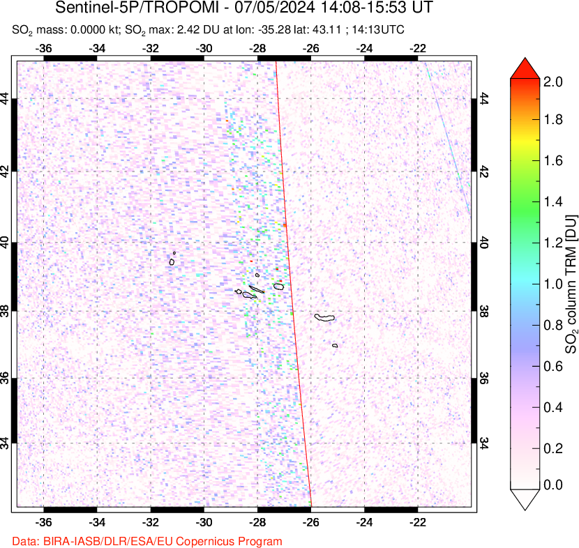 A sulfur dioxide image over Azore Islands, Portugal on Jul 05, 2024.