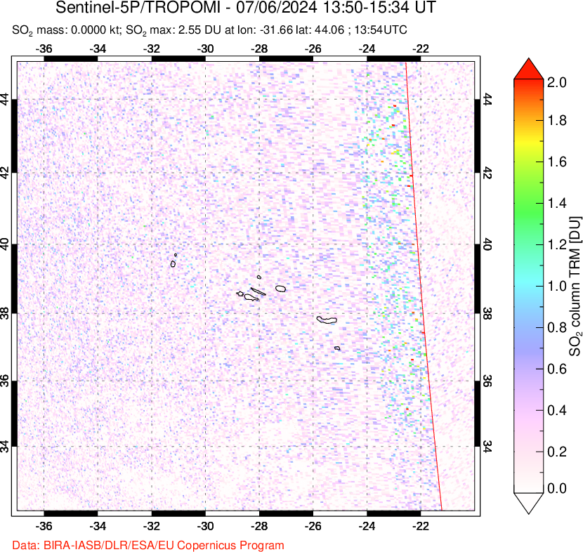 A sulfur dioxide image over Azore Islands, Portugal on Jul 06, 2024.