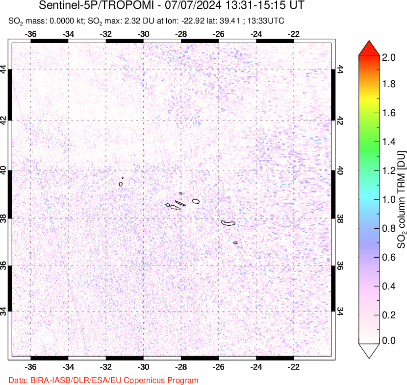 A sulfur dioxide image over Azore Islands, Portugal on Jul 07, 2024.