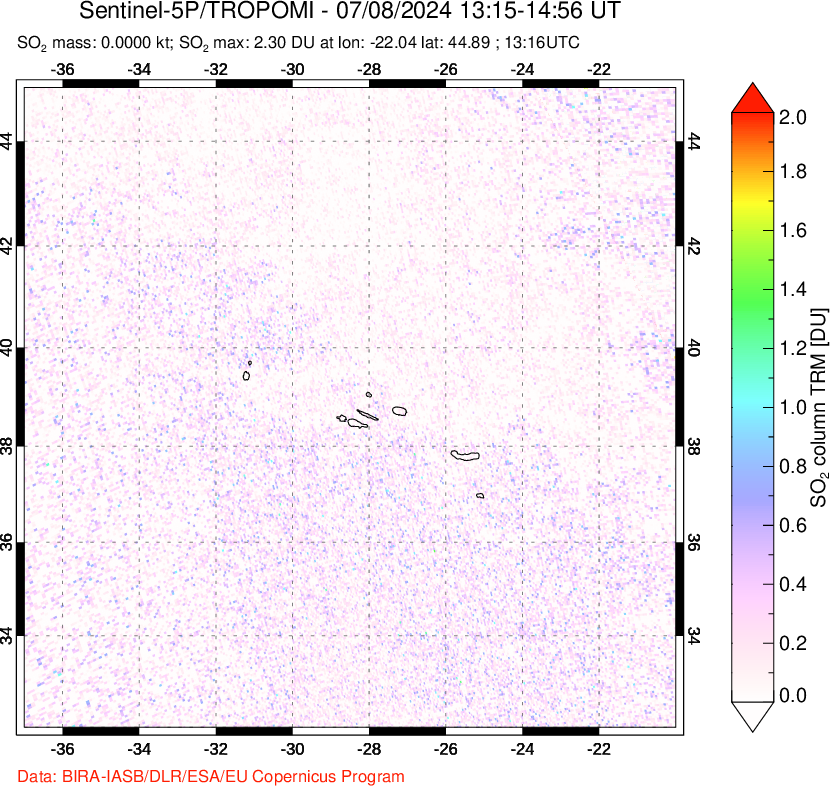 A sulfur dioxide image over Azore Islands, Portugal on Jul 08, 2024.