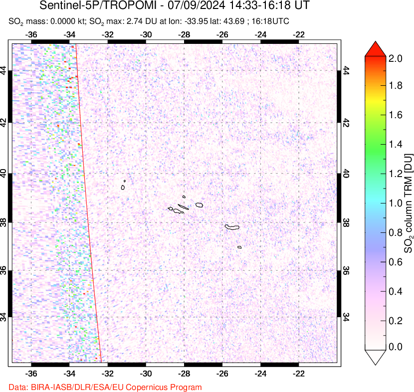 A sulfur dioxide image over Azore Islands, Portugal on Jul 09, 2024.