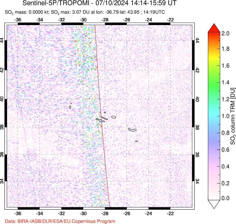 A sulfur dioxide image over Azore Islands, Portugal on Jul 10, 2024.