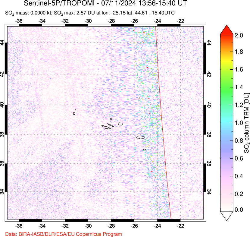 A sulfur dioxide image over Azore Islands, Portugal on Jul 11, 2024.