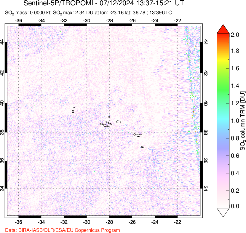 A sulfur dioxide image over Azore Islands, Portugal on Jul 12, 2024.