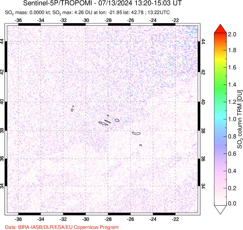 A sulfur dioxide image over Azore Islands, Portugal on Jul 13, 2024.