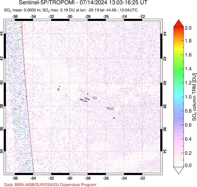 A sulfur dioxide image over Azore Islands, Portugal on Jul 14, 2024.