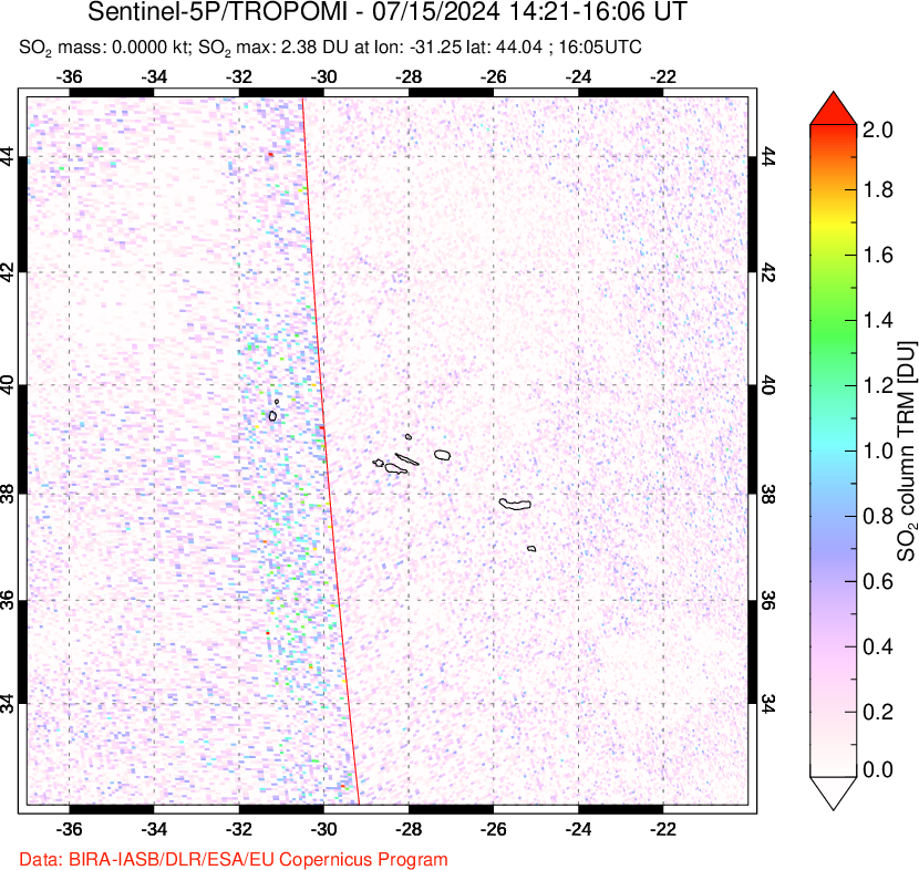 A sulfur dioxide image over Azore Islands, Portugal on Jul 15, 2024.