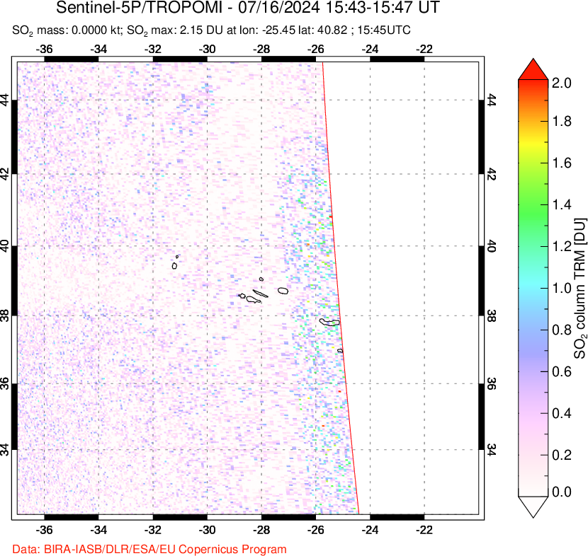 A sulfur dioxide image over Azore Islands, Portugal on Jul 16, 2024.