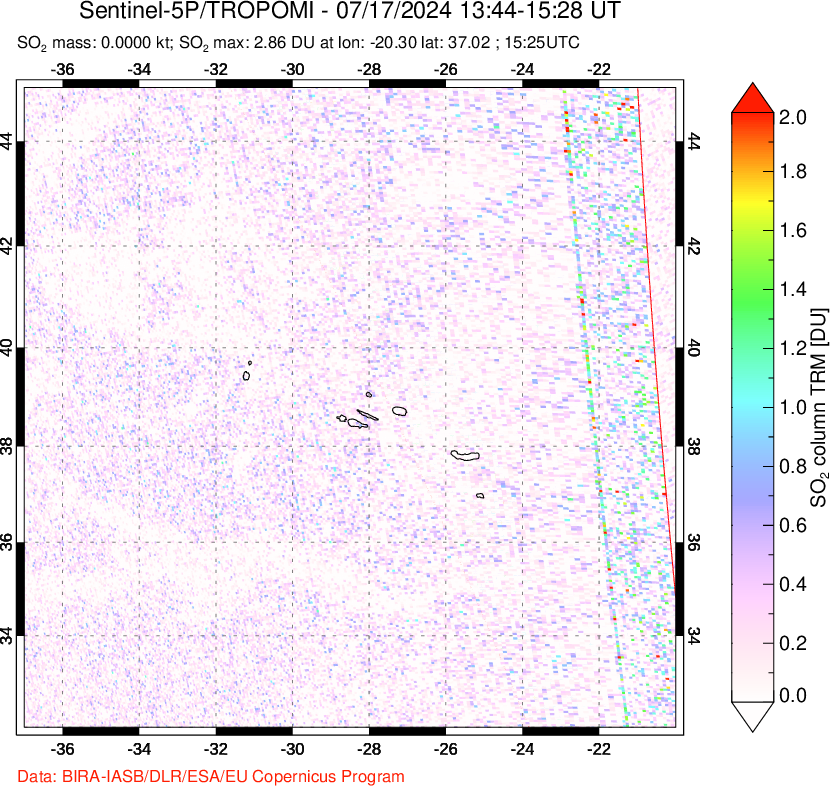 A sulfur dioxide image over Azore Islands, Portugal on Jul 17, 2024.