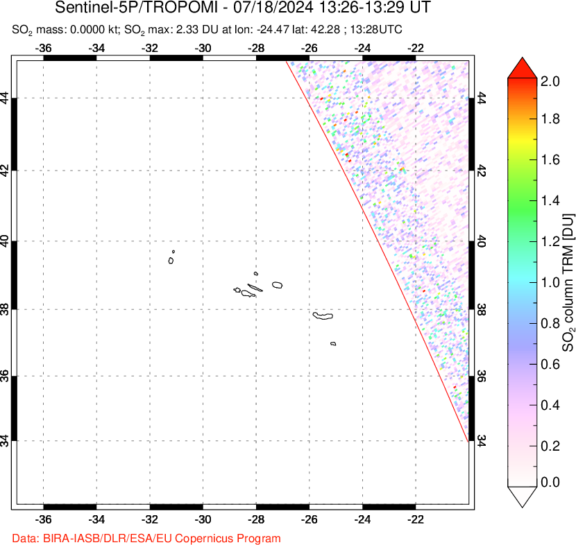 A sulfur dioxide image over Azore Islands, Portugal on Jul 18, 2024.