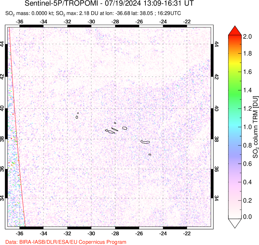 A sulfur dioxide image over Azore Islands, Portugal on Jul 19, 2024.