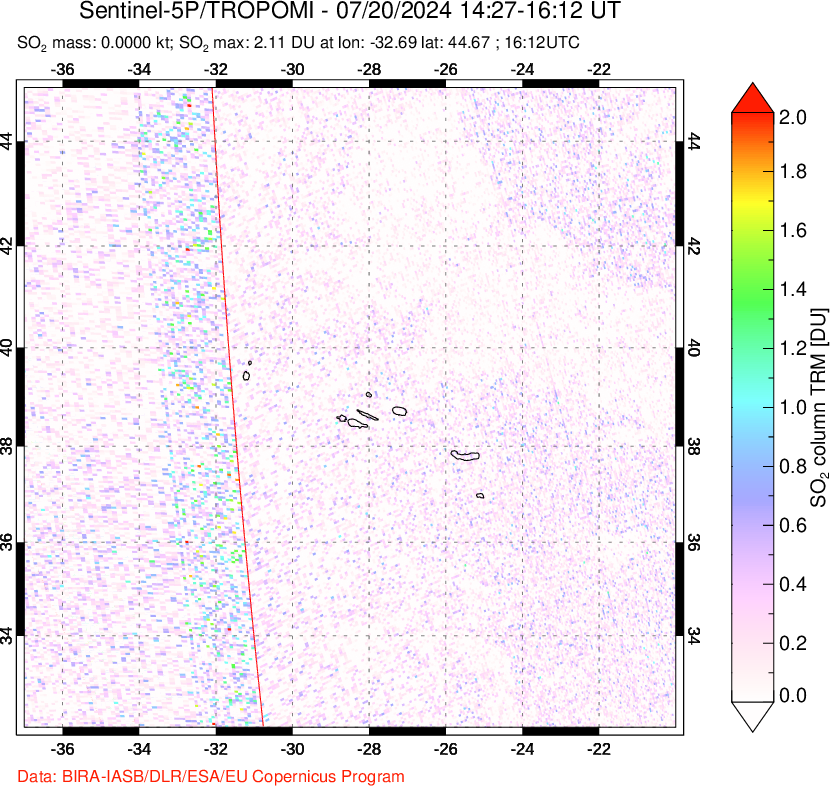 A sulfur dioxide image over Azore Islands, Portugal on Jul 20, 2024.