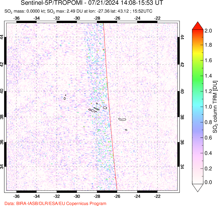 A sulfur dioxide image over Azore Islands, Portugal on Jul 21, 2024.