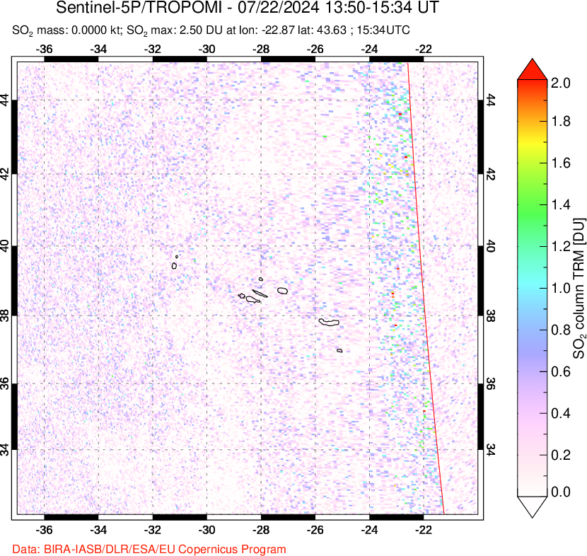 A sulfur dioxide image over Azore Islands, Portugal on Jul 22, 2024.