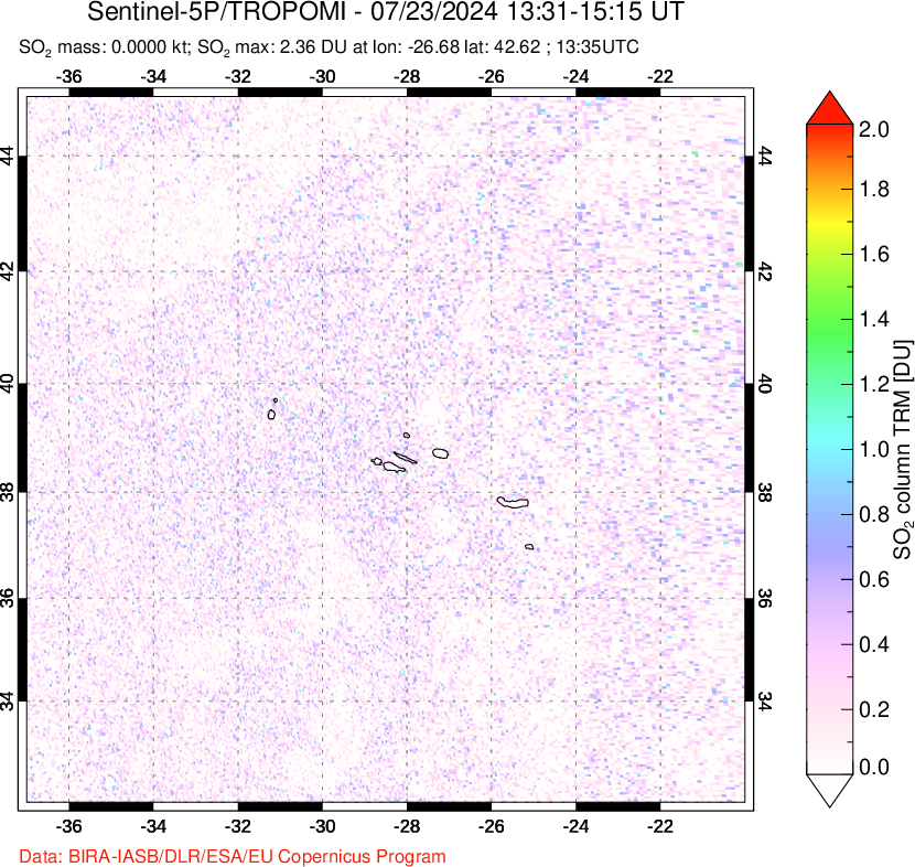 A sulfur dioxide image over Azore Islands, Portugal on Jul 23, 2024.