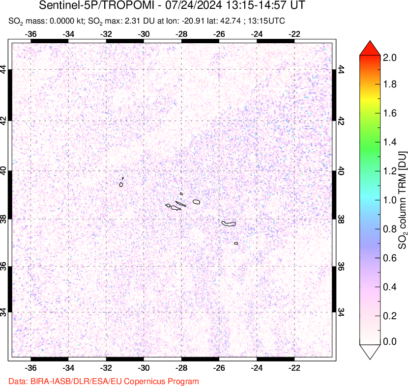 A sulfur dioxide image over Azore Islands, Portugal on Jul 24, 2024.