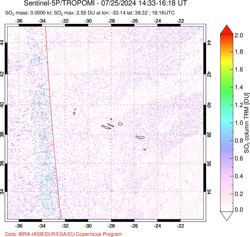 A sulfur dioxide image over Azore Islands, Portugal on Jul 25, 2024.