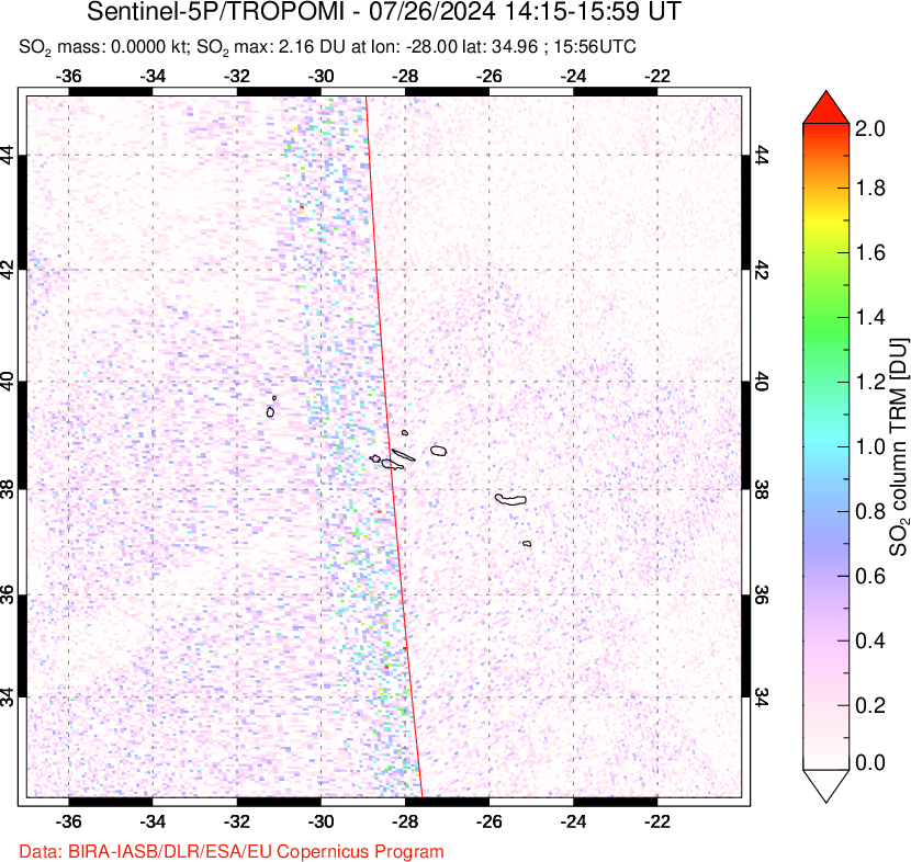 A sulfur dioxide image over Azore Islands, Portugal on Jul 26, 2024.