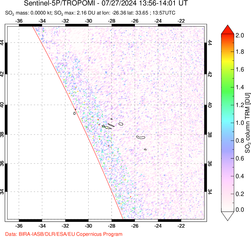 A sulfur dioxide image over Azore Islands, Portugal on Jul 27, 2024.