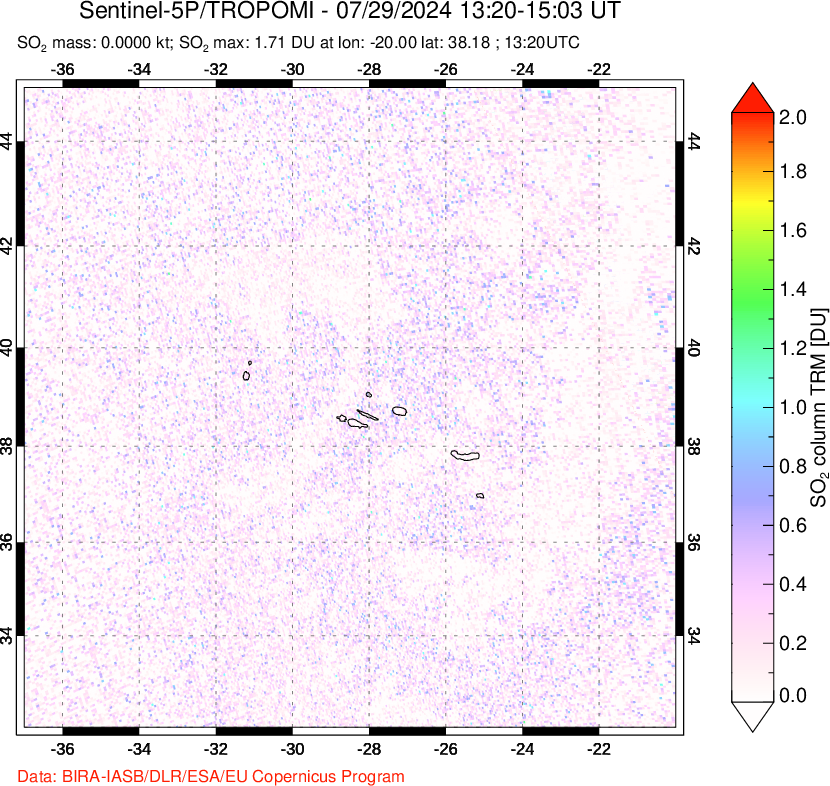 A sulfur dioxide image over Azore Islands, Portugal on Jul 29, 2024.