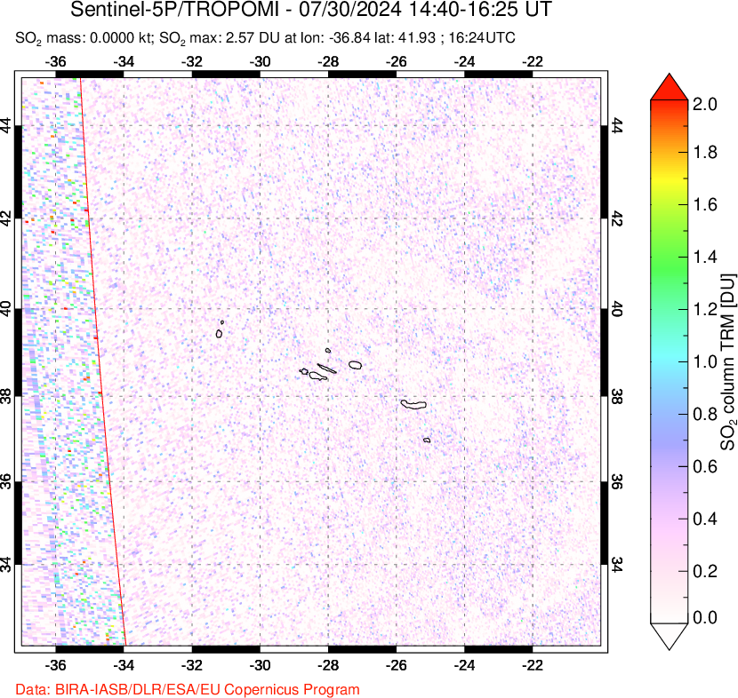 A sulfur dioxide image over Azore Islands, Portugal on Jul 30, 2024.