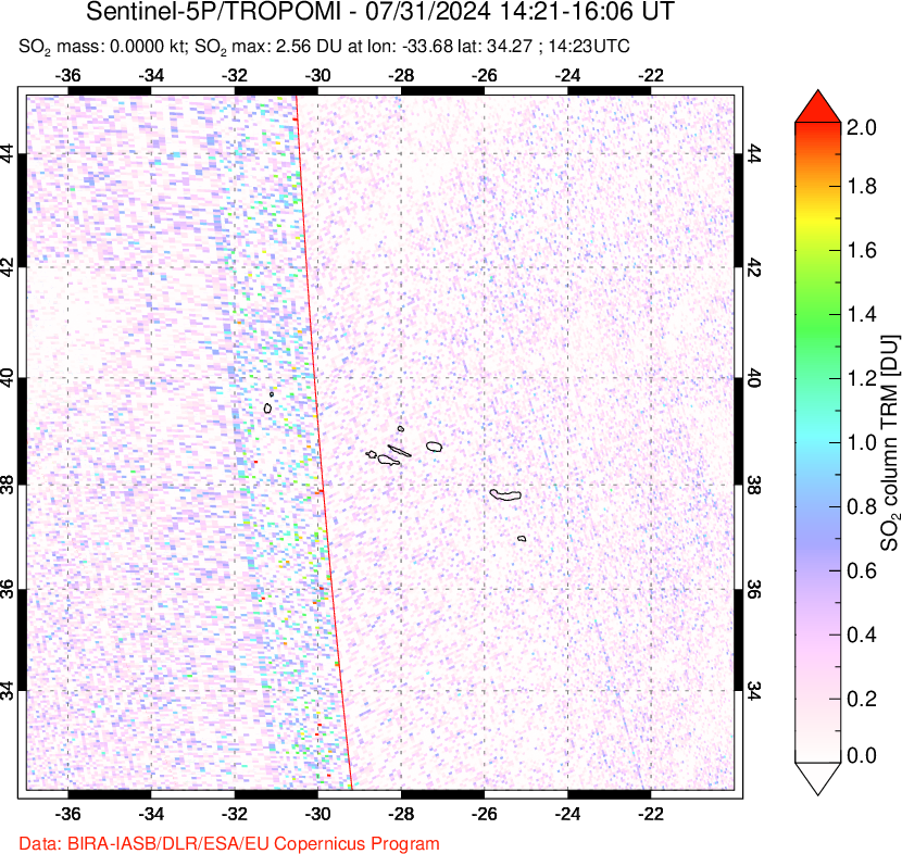 A sulfur dioxide image over Azore Islands, Portugal on Jul 31, 2024.