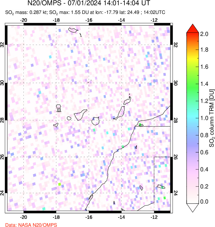 A sulfur dioxide image over Canary Islands on Jul 01, 2024.