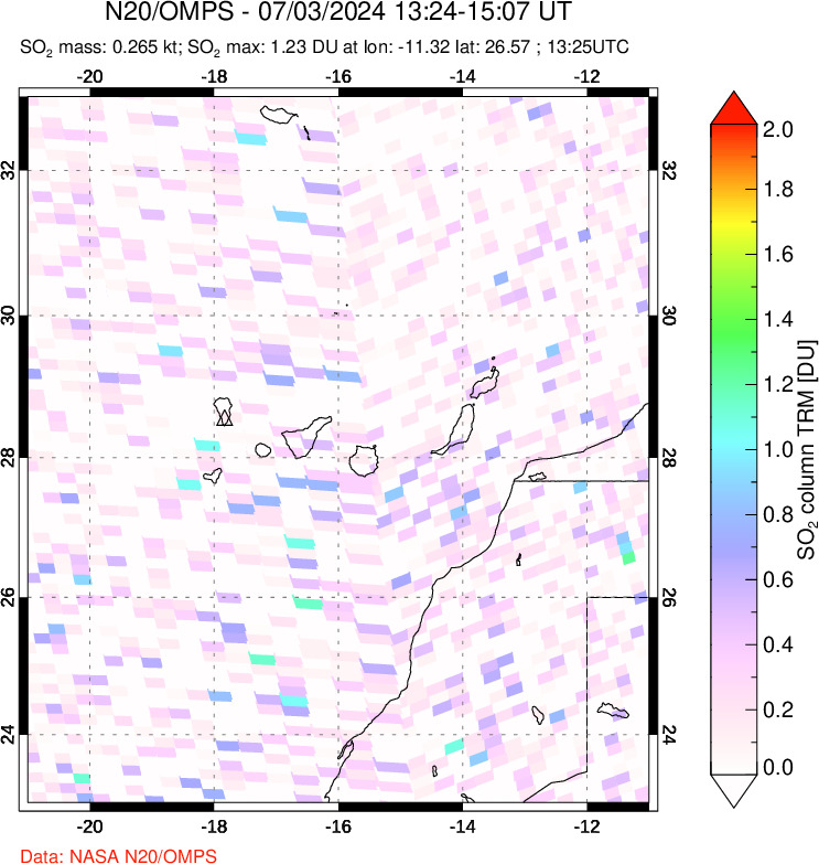 A sulfur dioxide image over Canary Islands on Jul 03, 2024.