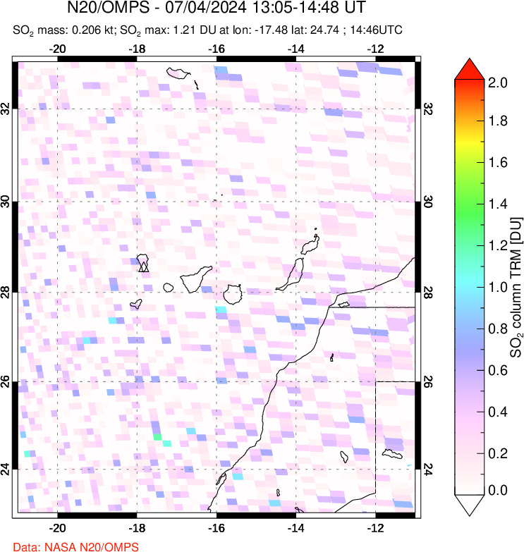 A sulfur dioxide image over Canary Islands on Jul 04, 2024.