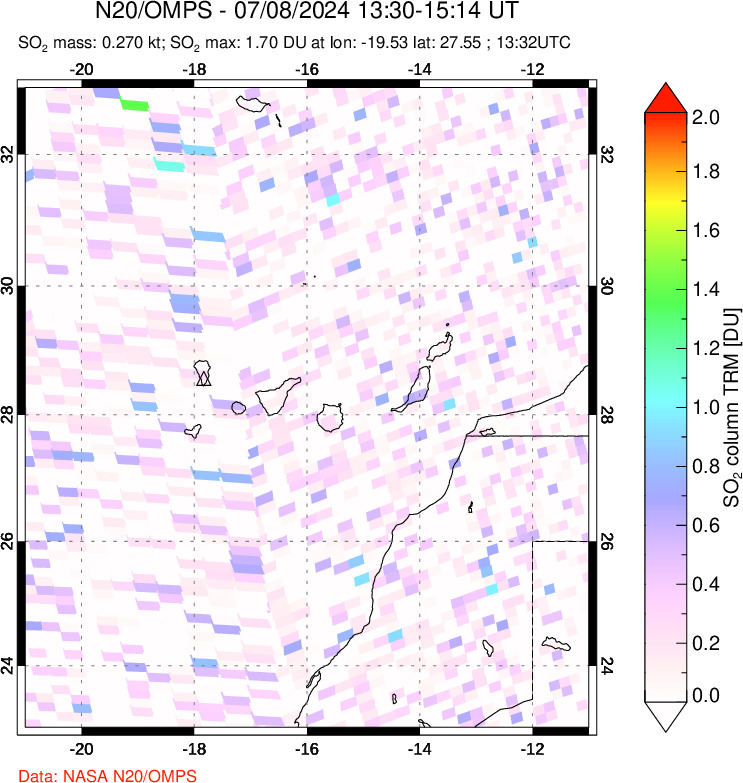 A sulfur dioxide image over Canary Islands on Jul 08, 2024.