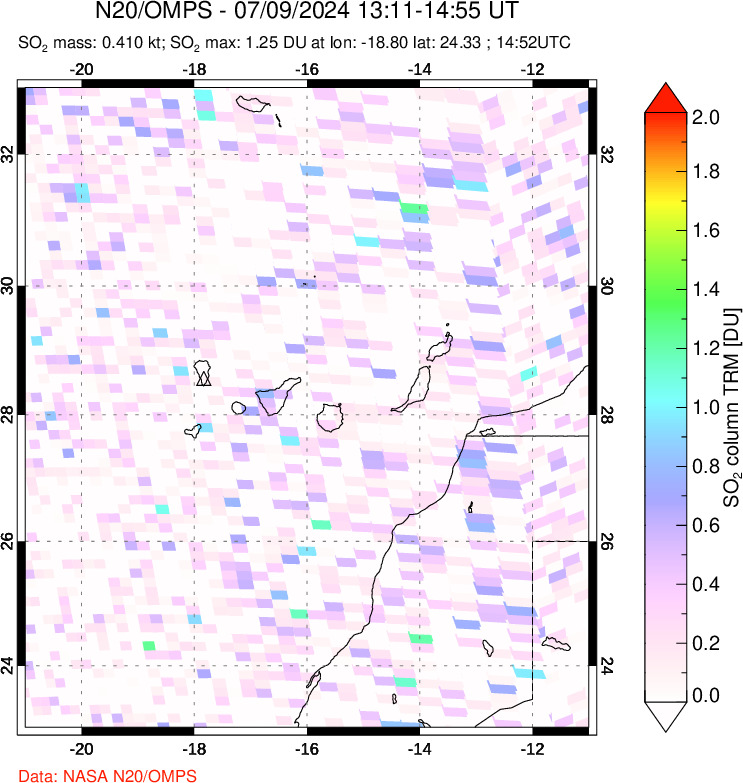 A sulfur dioxide image over Canary Islands on Jul 09, 2024.