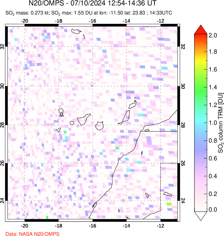 A sulfur dioxide image over Canary Islands on Jul 10, 2024.