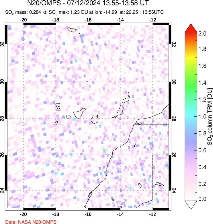 A sulfur dioxide image over Canary Islands on Jul 12, 2024.