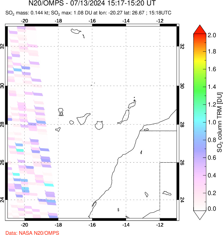 A sulfur dioxide image over Canary Islands on Jul 13, 2024.