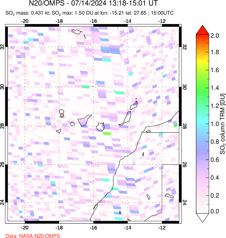 A sulfur dioxide image over Canary Islands on Jul 14, 2024.