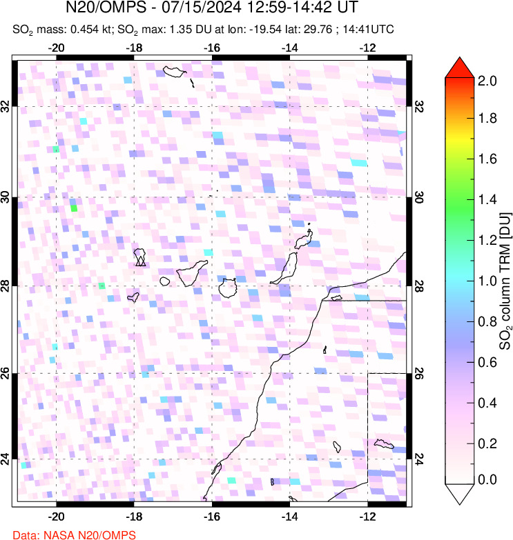 A sulfur dioxide image over Canary Islands on Jul 15, 2024.