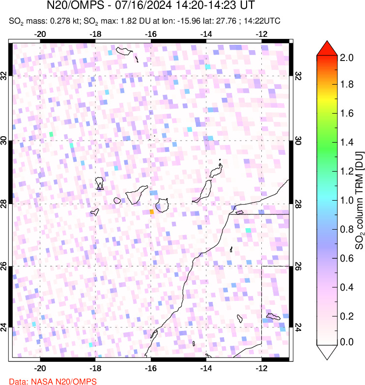 A sulfur dioxide image over Canary Islands on Jul 16, 2024.