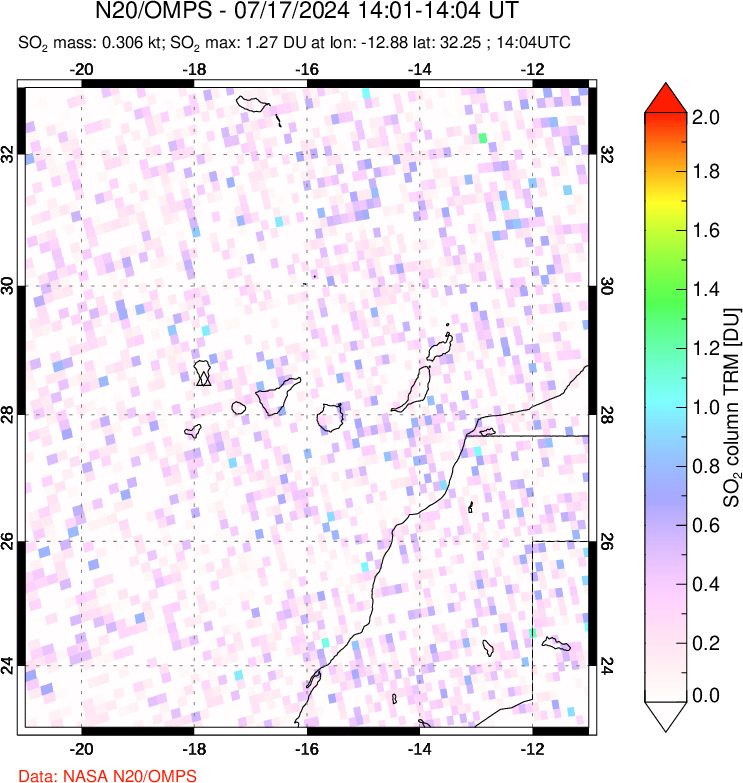 A sulfur dioxide image over Canary Islands on Jul 17, 2024.