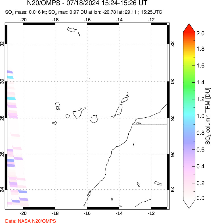 A sulfur dioxide image over Canary Islands on Jul 18, 2024.