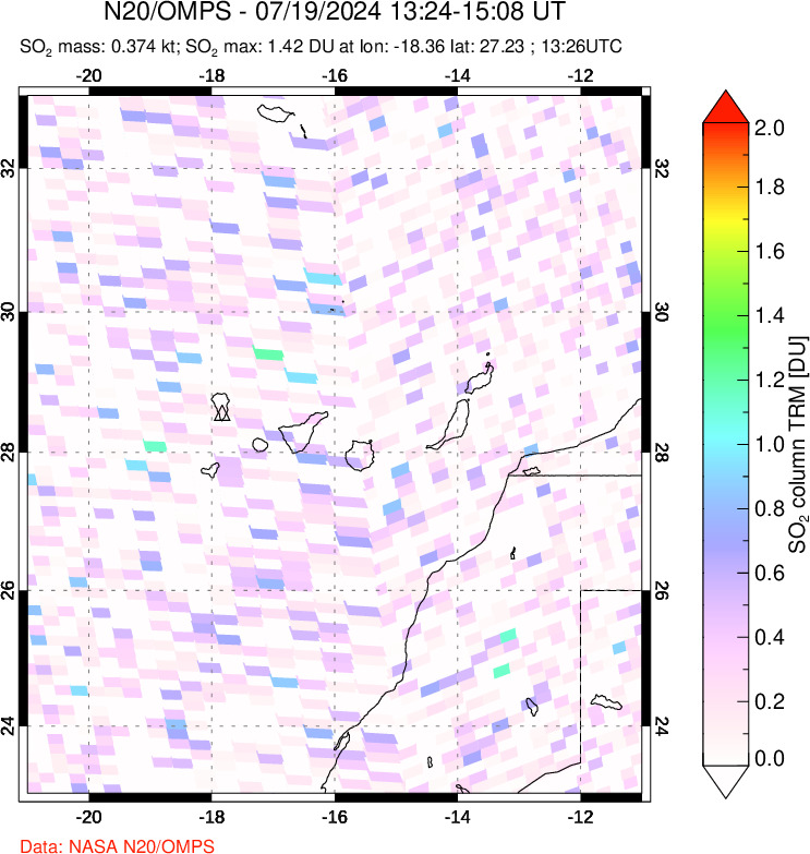 A sulfur dioxide image over Canary Islands on Jul 19, 2024.