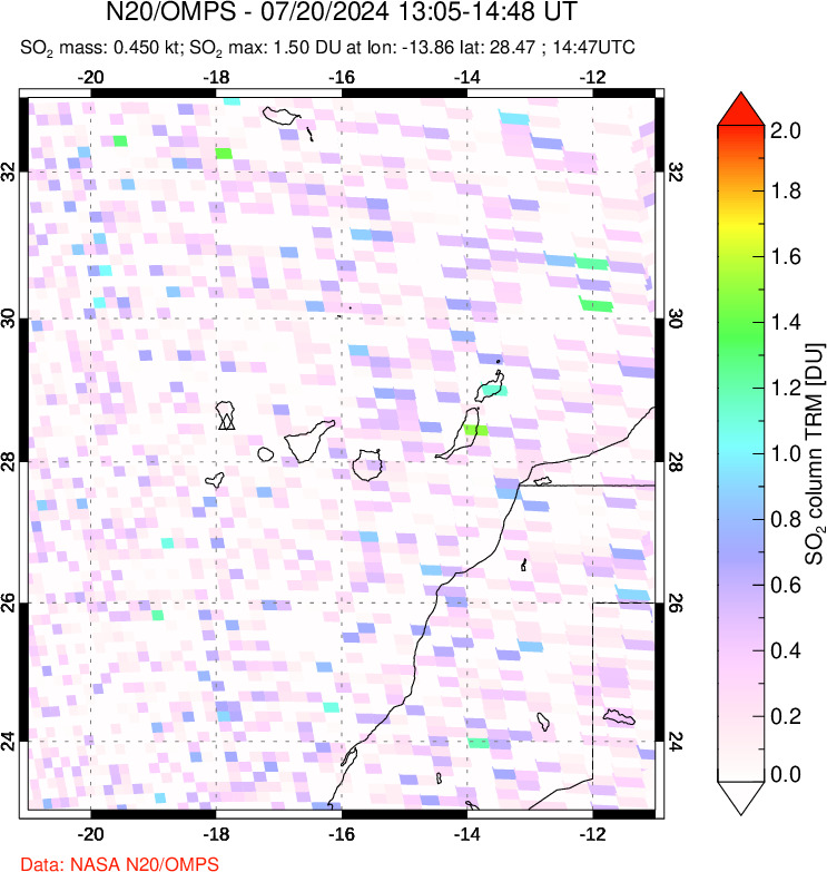 A sulfur dioxide image over Canary Islands on Jul 20, 2024.