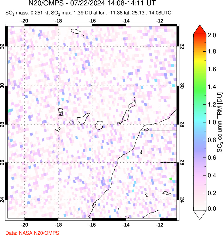 A sulfur dioxide image over Canary Islands on Jul 22, 2024.