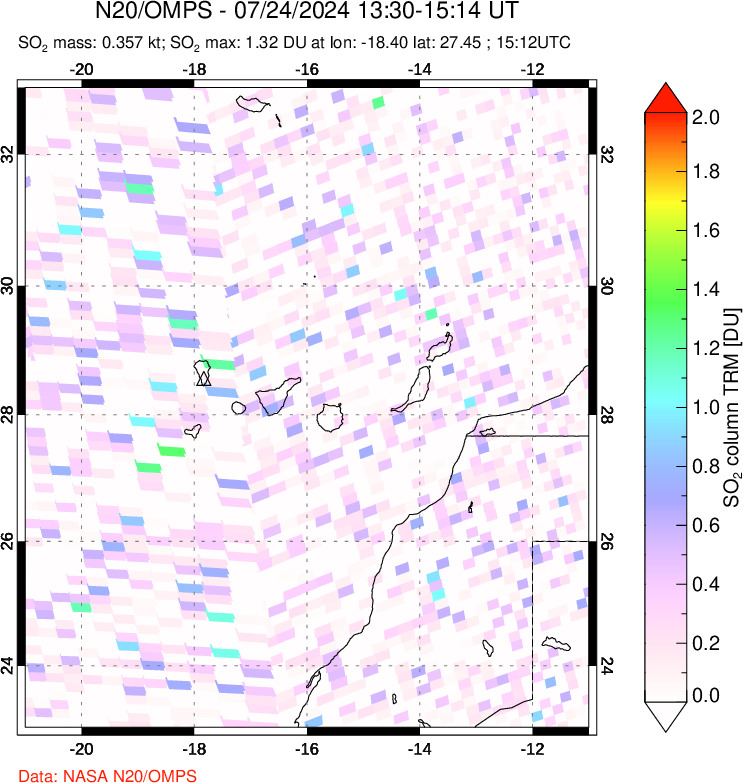 A sulfur dioxide image over Canary Islands on Jul 24, 2024.