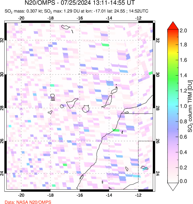 A sulfur dioxide image over Canary Islands on Jul 25, 2024.