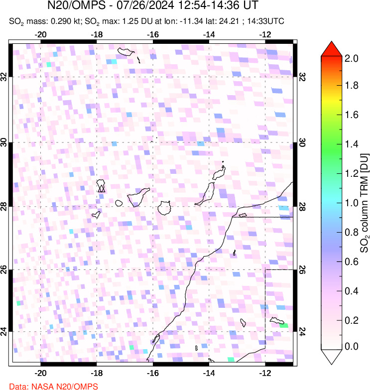 A sulfur dioxide image over Canary Islands on Jul 26, 2024.